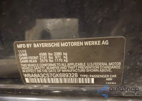 2016 BMW 320I xDrive из США, поврежденный, VIN WBA8A3C57GK689328